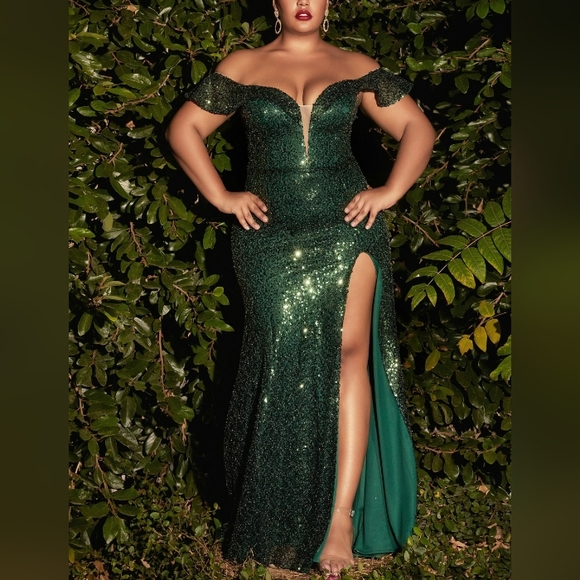 COPY - Plus size black,green,blue,sequin long off shoulder fitted gown - Picture 8 of 9